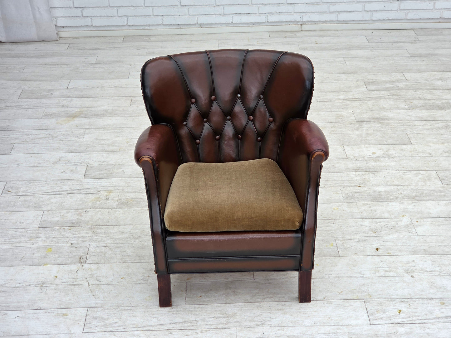 1930s, Danish armchair, brown furniture leather, velour.