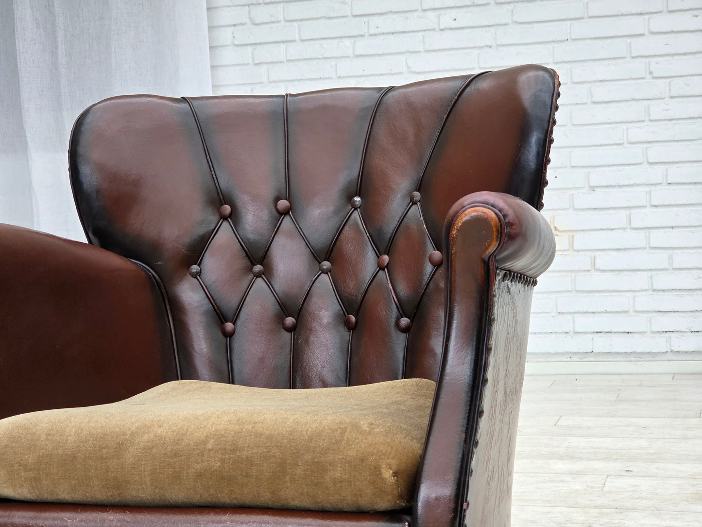 1930s, Danish armchair, brown furniture leather, velour.