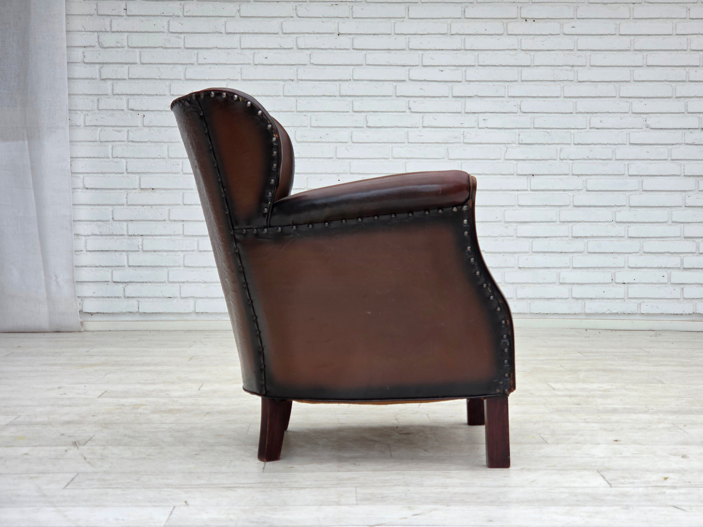 1930s, Danish armchair, brown furniture leather, velour.