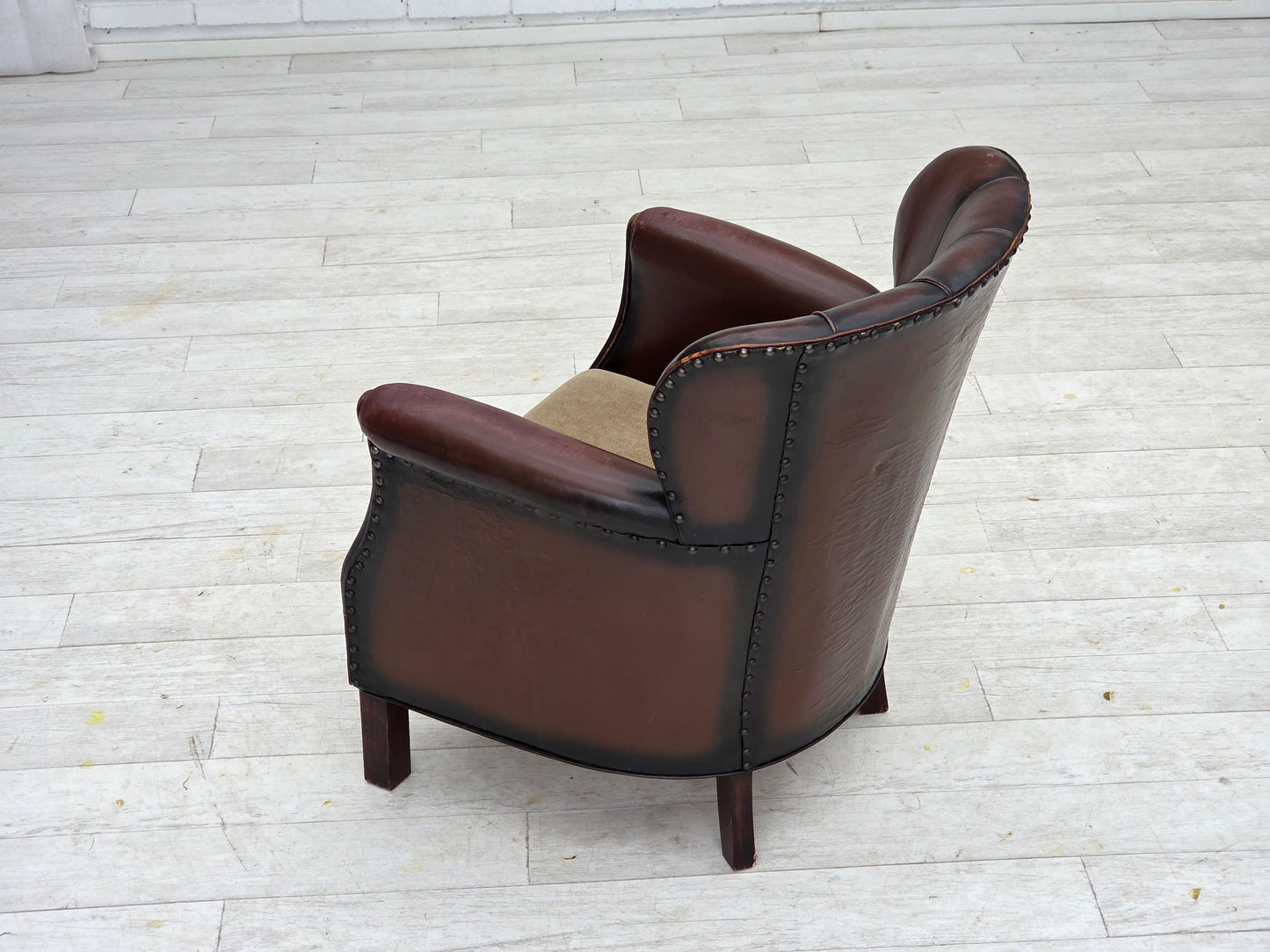1930s, Danish armchair, brown furniture leather, velour.