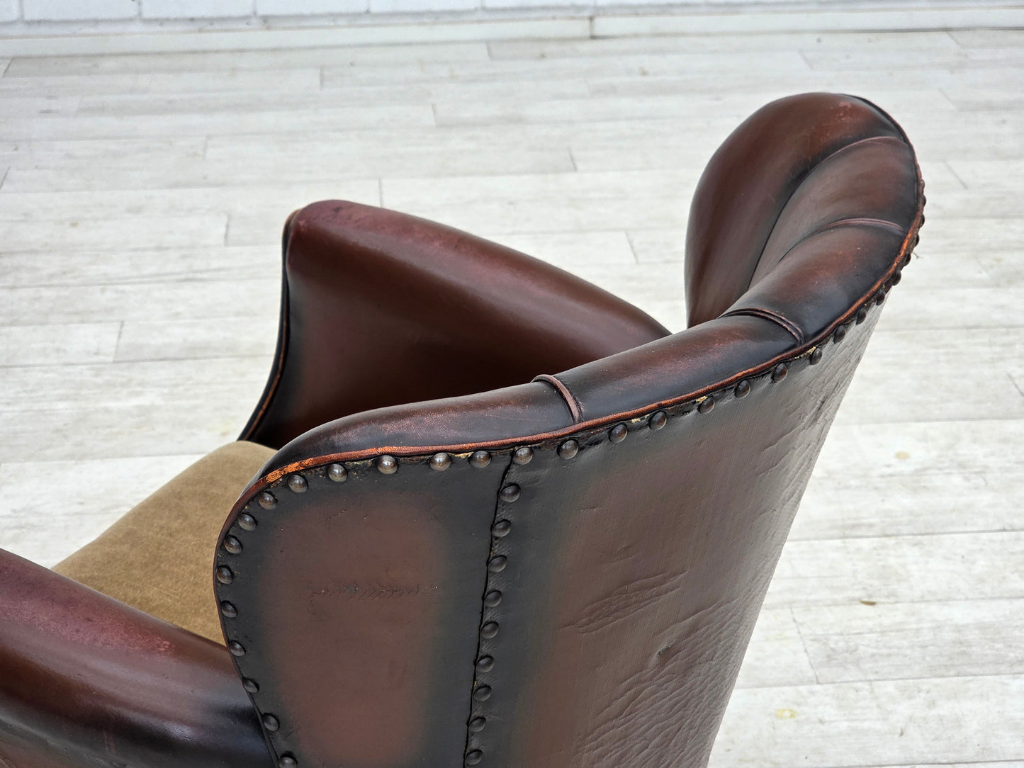 1930s, Danish armchair, brown furniture leather, velour.