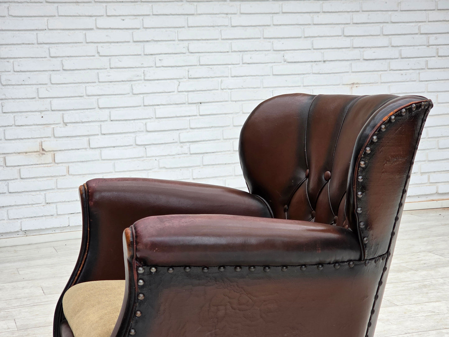 1930s, Danish armchair, brown furniture leather, velour.