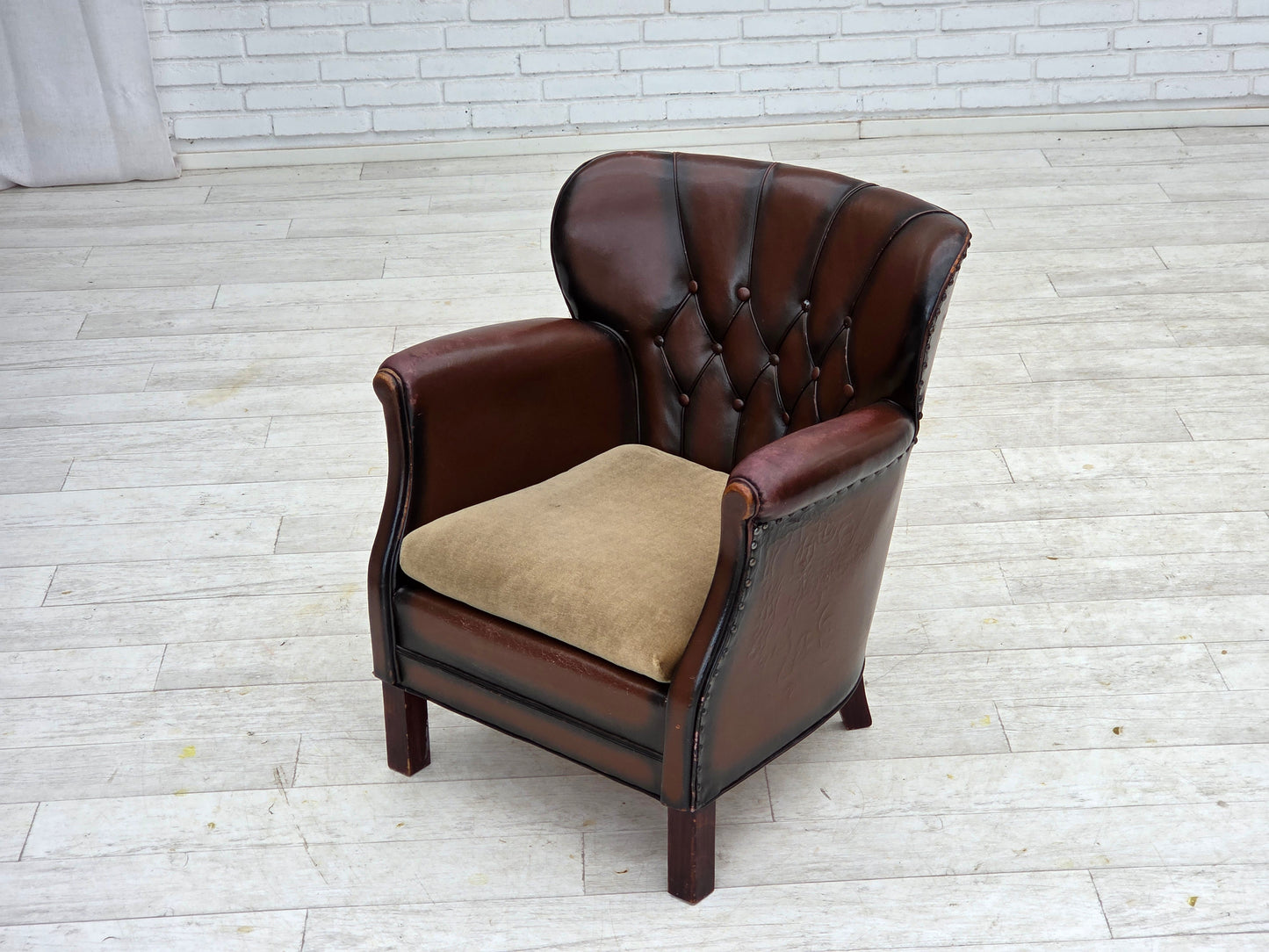 1930s, Danish armchair, brown furniture leather, velour.