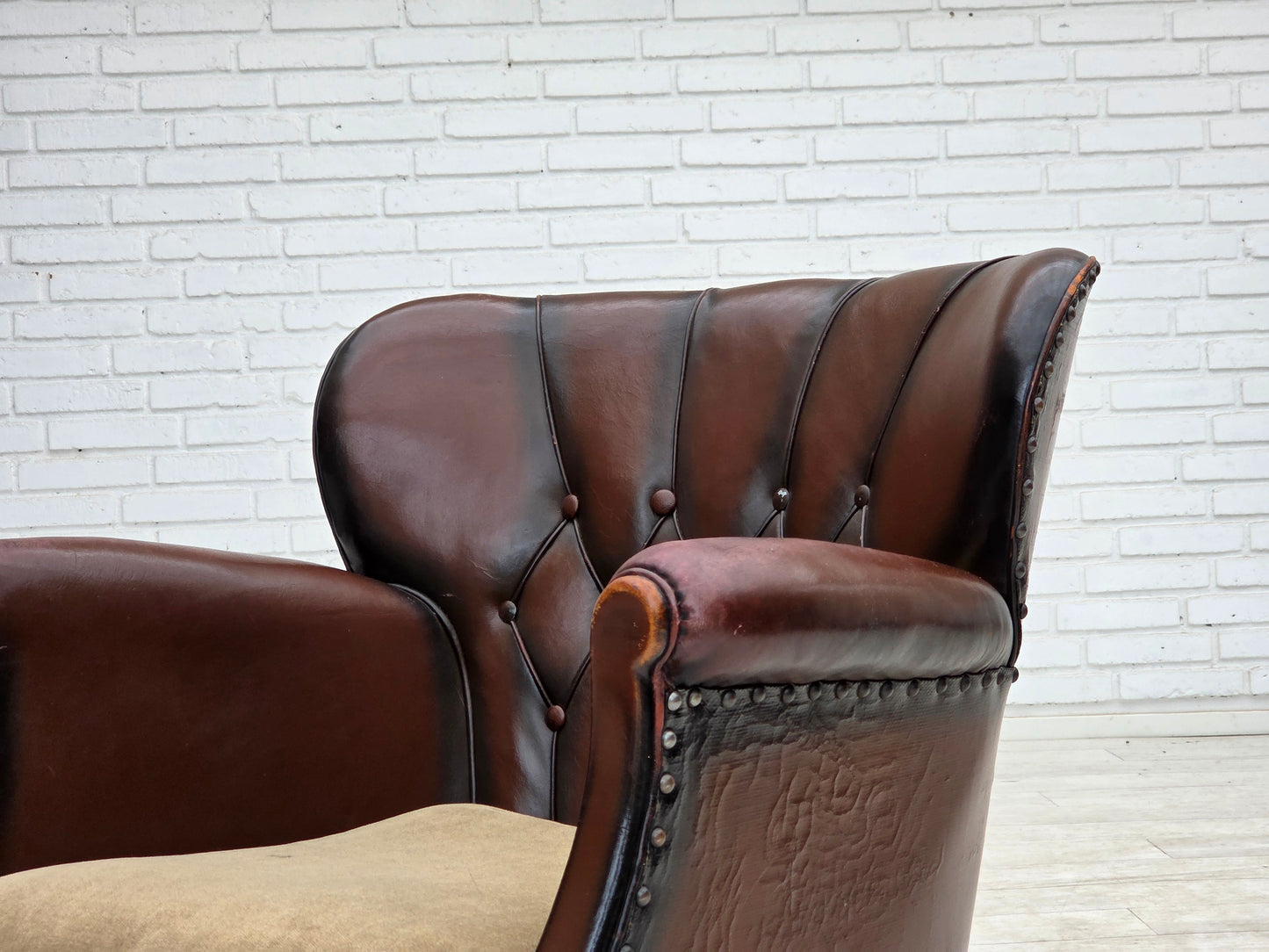 1930s, Danish armchair, brown furniture leather, velour.