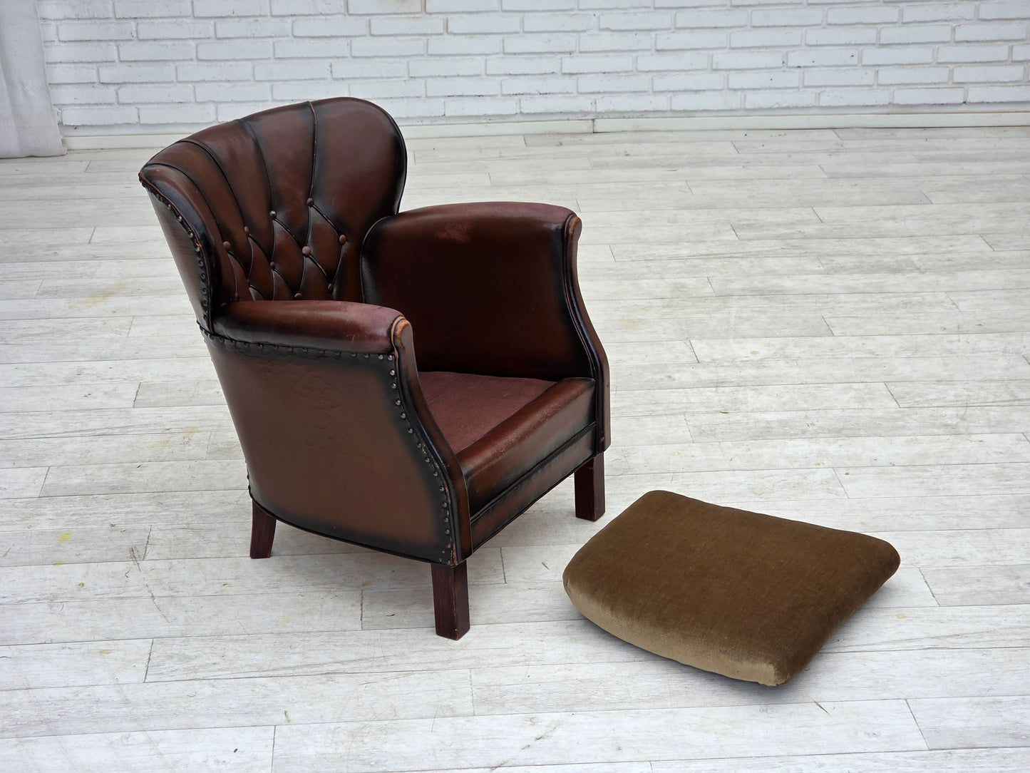 1930s, Danish armchair, brown furniture leather, velour.