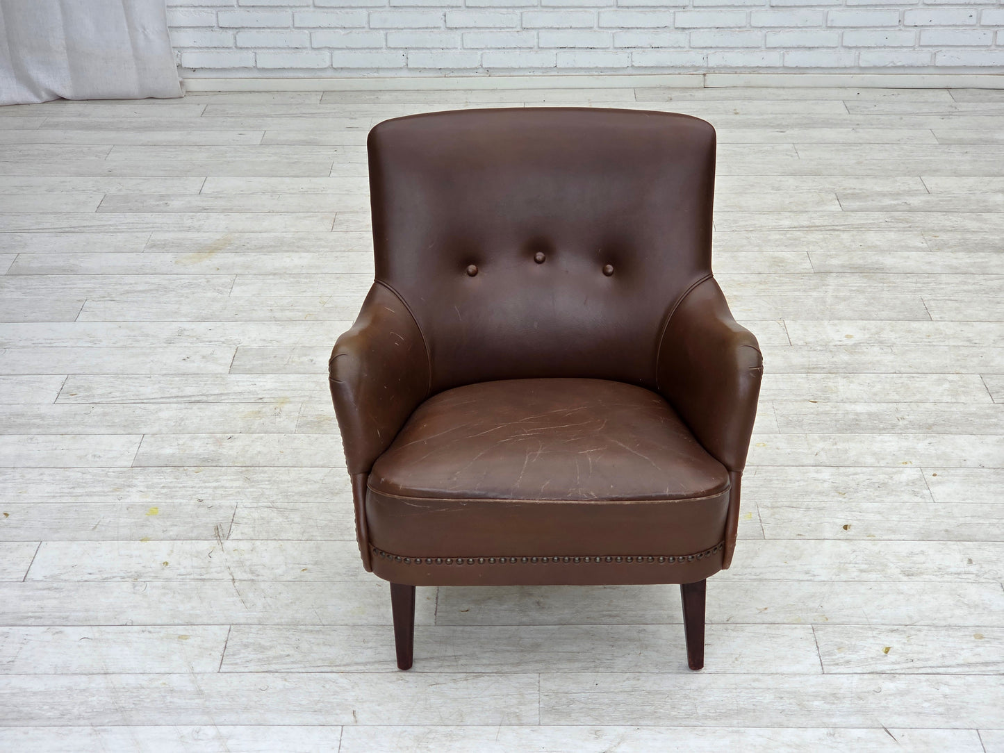 1960s, Danish armchair, furniture leather, ash wood legs.