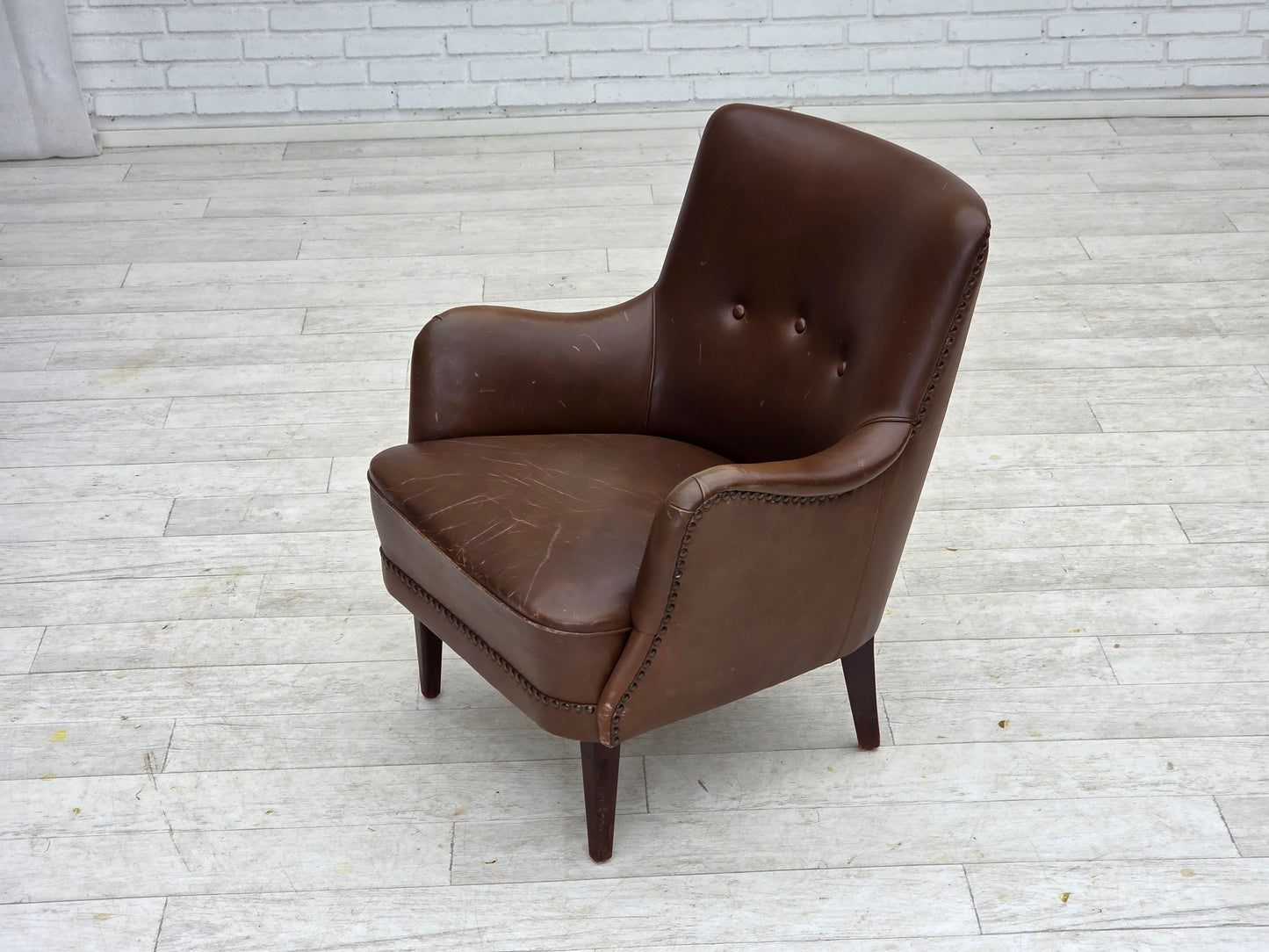 1960s, Danish armchair, furniture leather, ash wood legs.