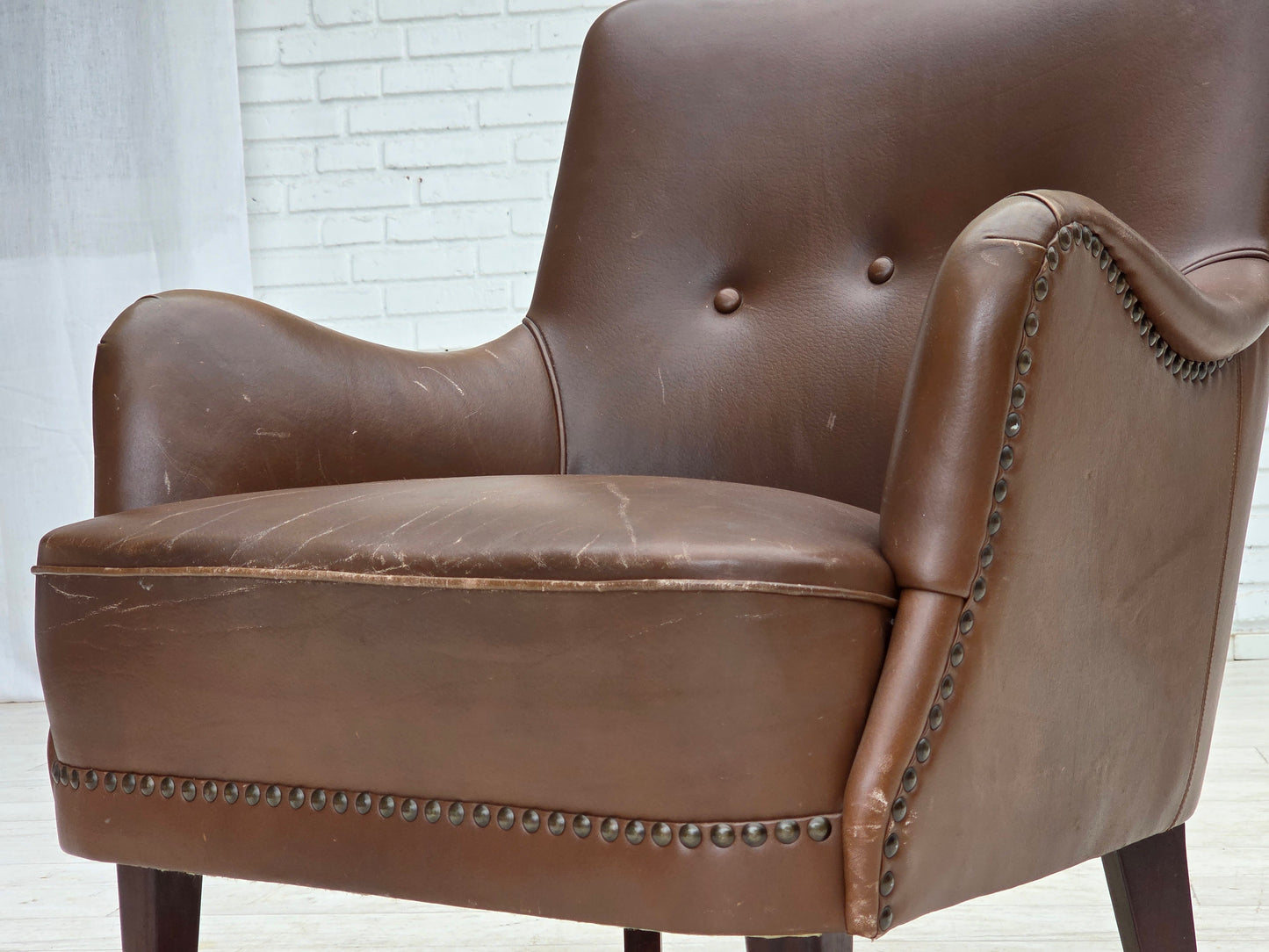 1960s, Danish armchair, furniture leather, ash wood legs.