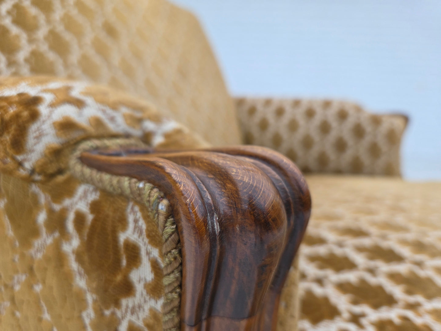 1950s, Danish relax chair, furniture velour, carved ash wood.
