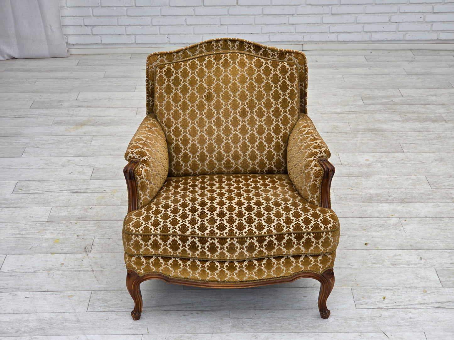 1950s, Danish relax chair, furniture velour, carved ash wood.
