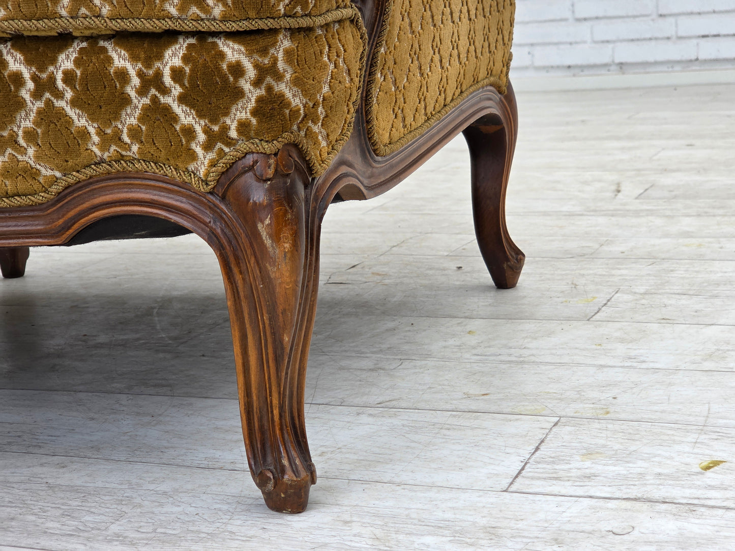 1950s, Danish relax chair, furniture velour, carved ash wood.