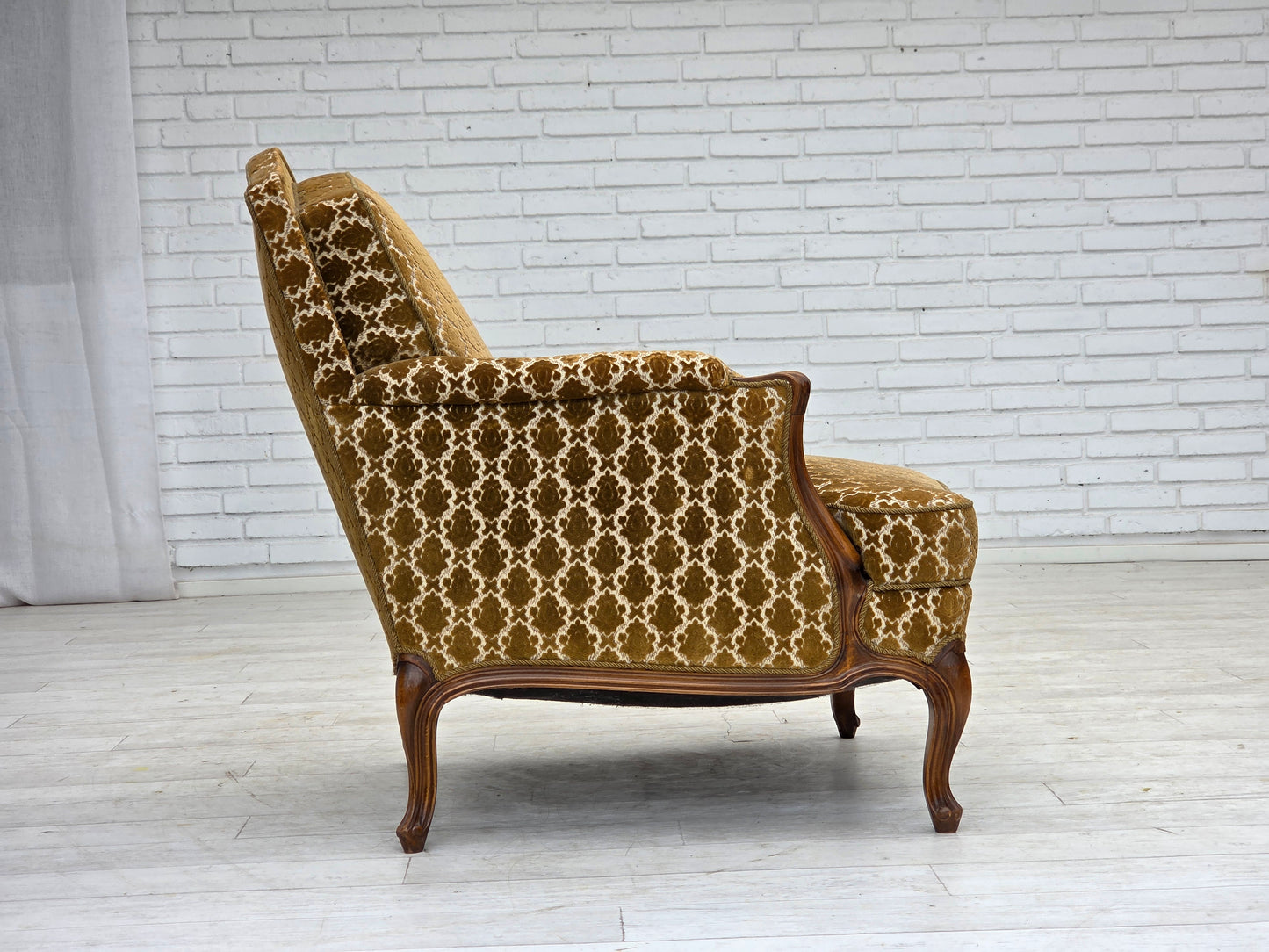 1950s, Danish relax chair, furniture velour, carved ash wood.