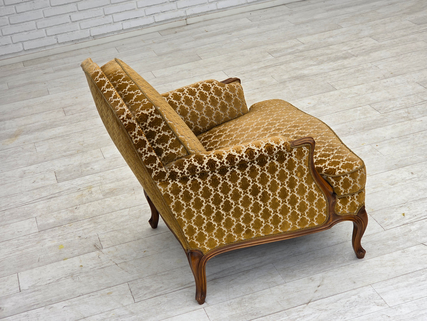 1950s, Danish relax chair, furniture velour, carved ash wood.