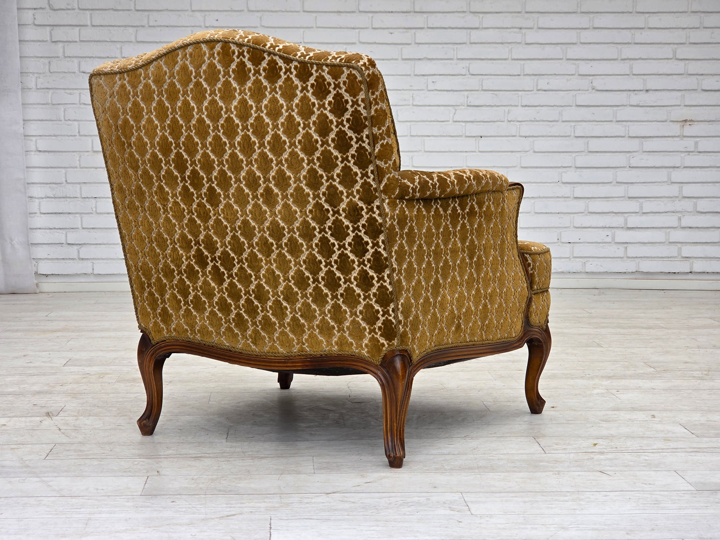 1950s, Danish relax chair, furniture velour, carved ash wood.