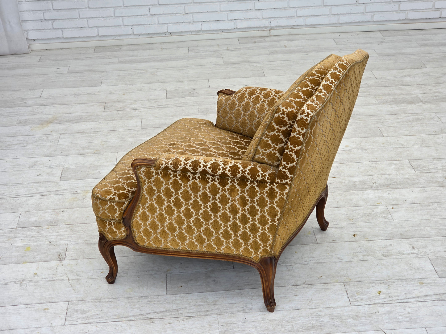 1950s, Danish relax chair, furniture velour, carved ash wood.