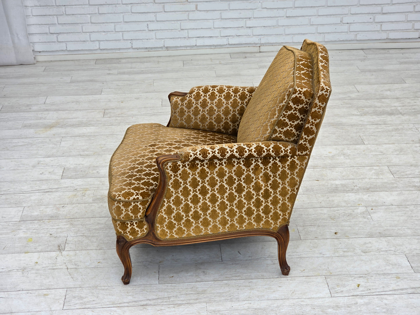 1950s, Danish relax chair, furniture velour, carved ash wood.