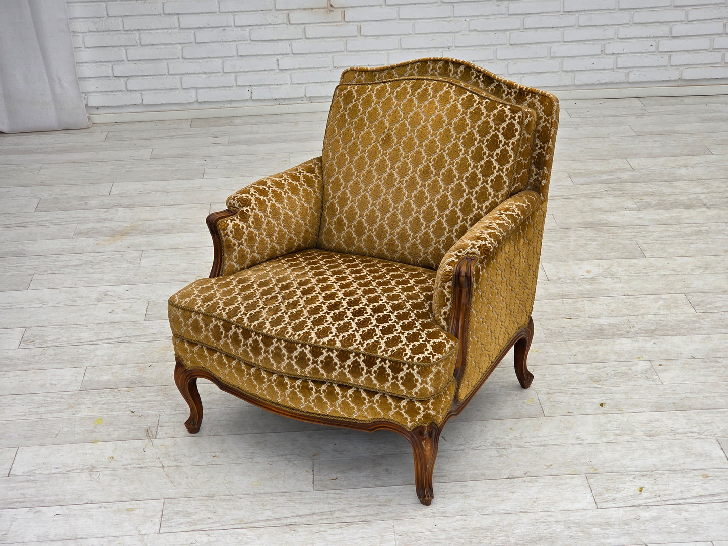 1950s, Danish relax chair, furniture velour, carved ash wood.