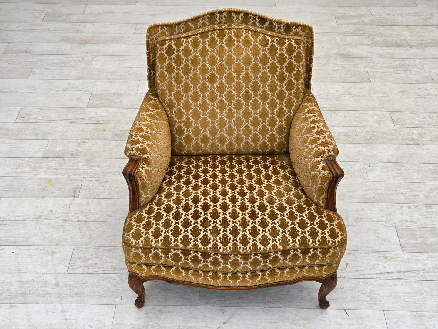 1950s, Danish relax chair, furniture velour, carved ash wood.