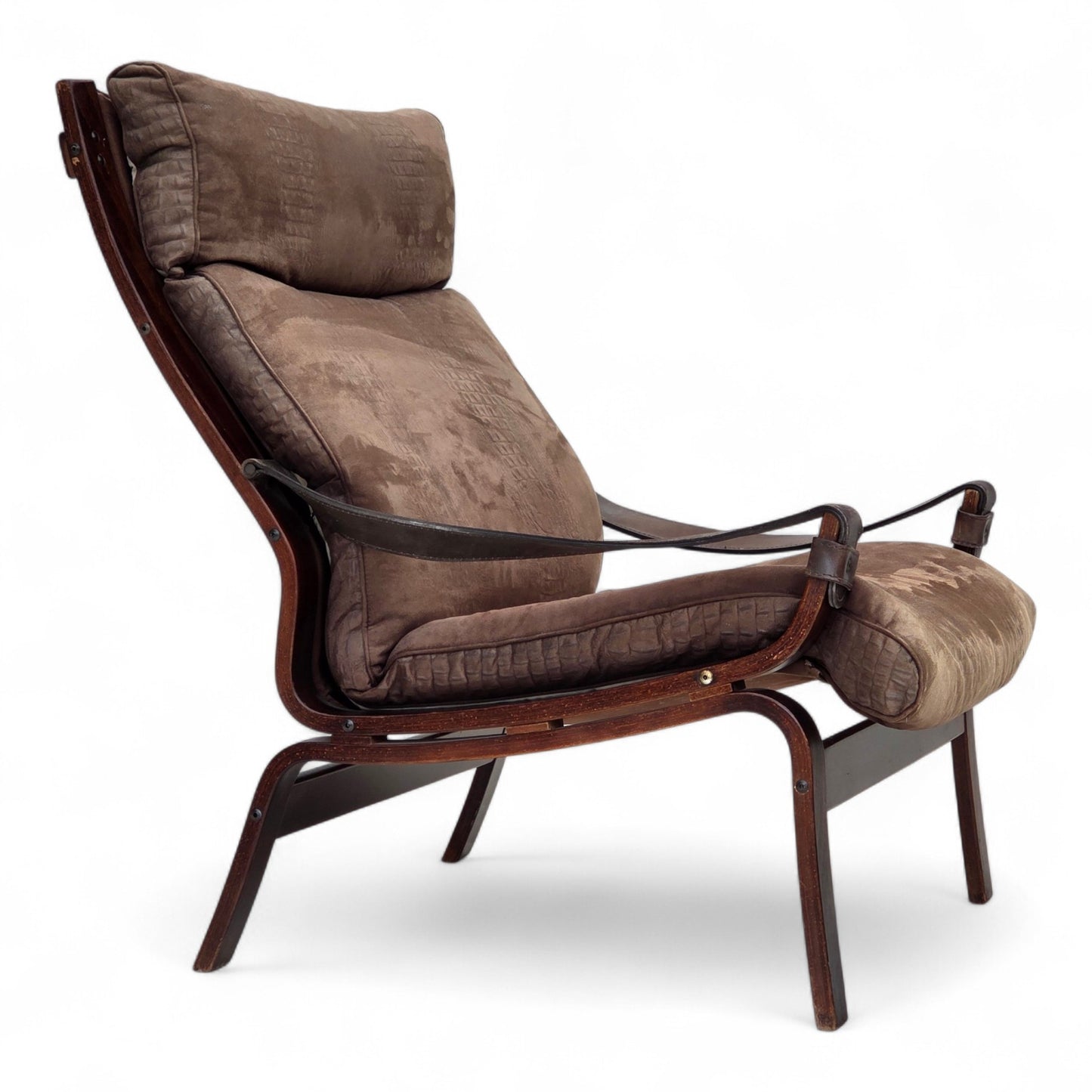 1970s, Scandinavian lounge chair, nubuck leather, canvas, beech wood.