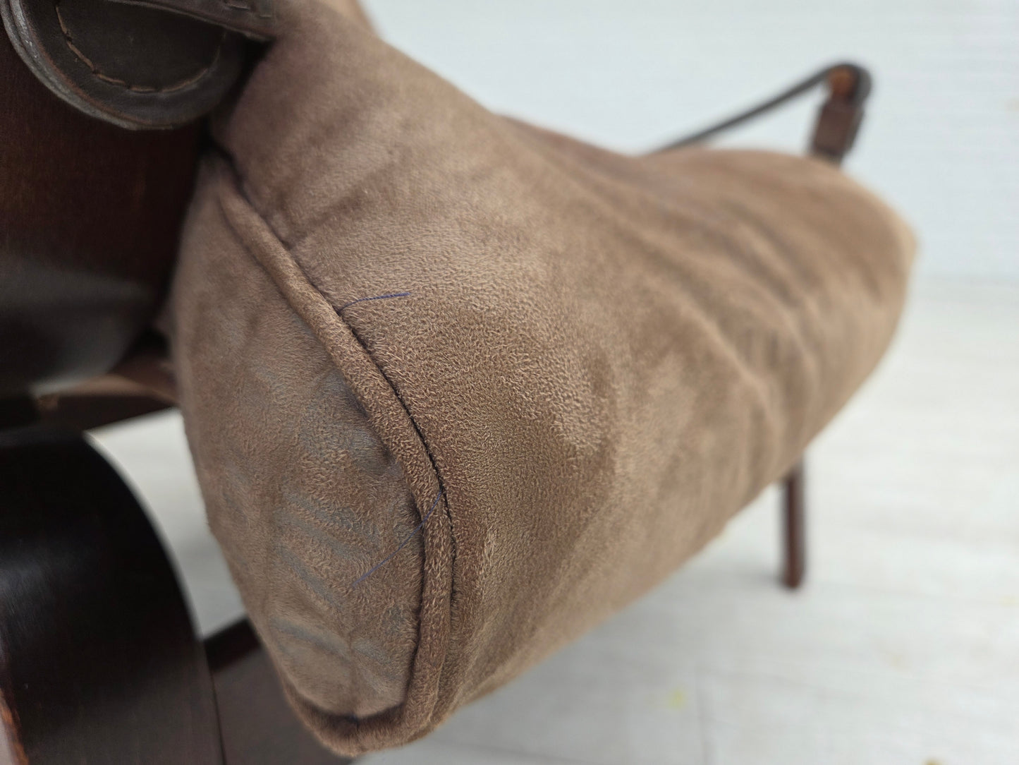 1970s, Scandinavian lounge chair, nubuck leather, canvas, beech wood.
