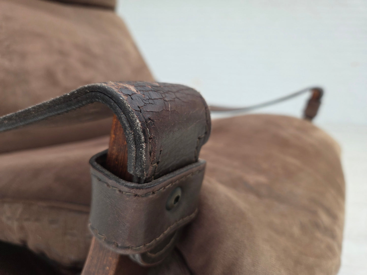 1970s, Scandinavian lounge chair, nubuck leather, canvas, beech wood.