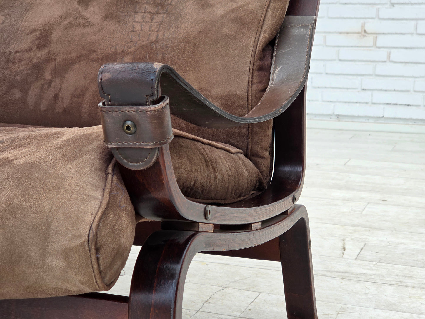 1970s, Scandinavian lounge chair, nubuck leather, canvas, beech wood.