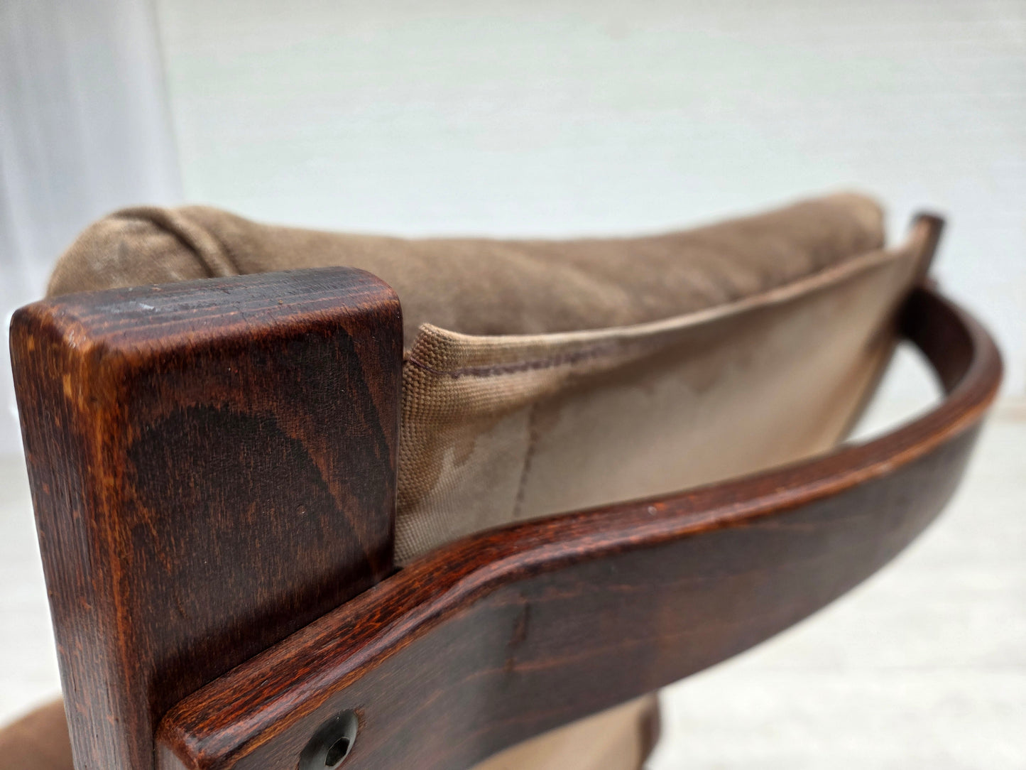 1970s, Scandinavian lounge chair, nubuck leather, canvas, beech wood.