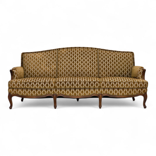 1950s, Danish 3-seater sofa, furniture velour, carved ash wood.