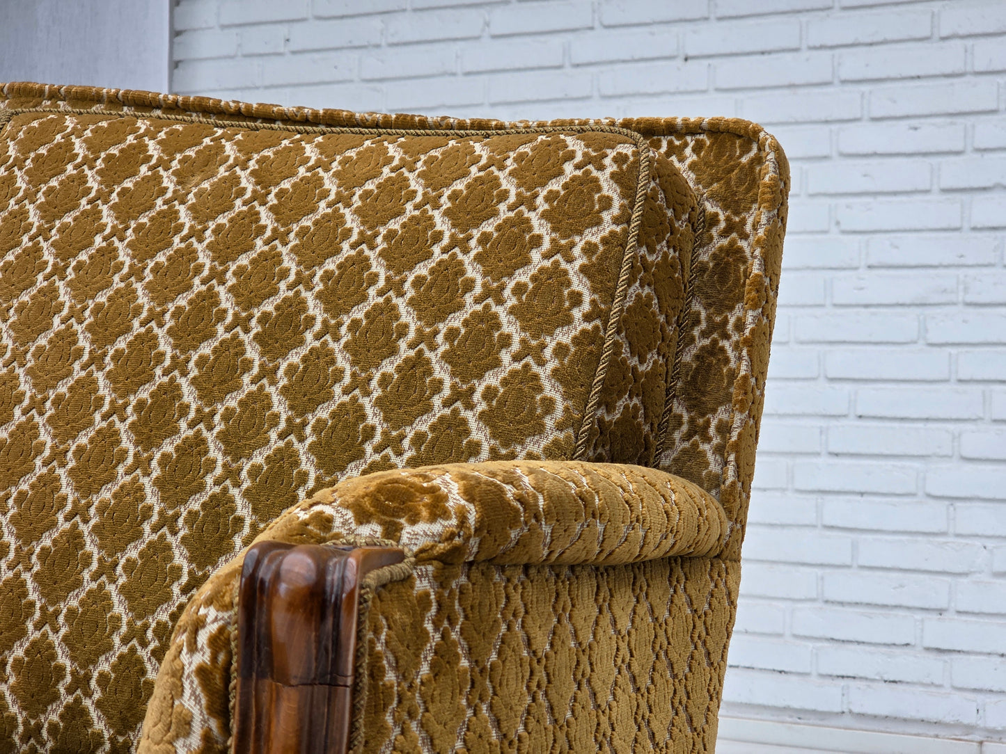 1950s, Danish 3-seater sofa, furniture velour, carved ash wood.