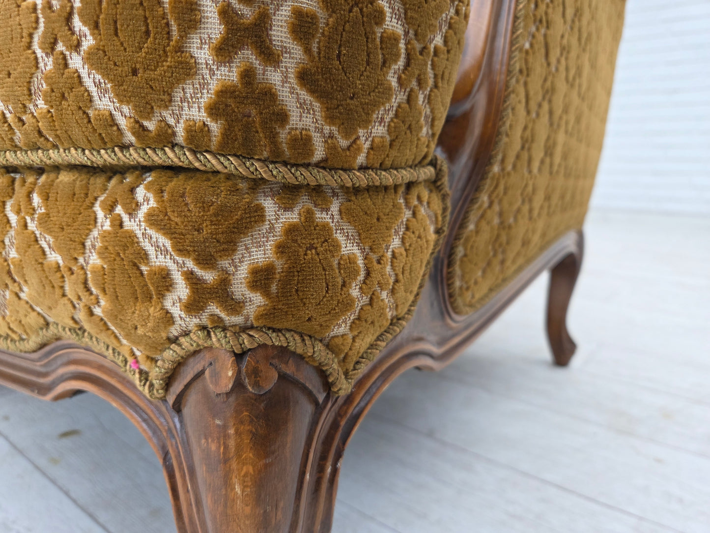 1950s, Danish 3-seater sofa, furniture velour, carved ash wood.