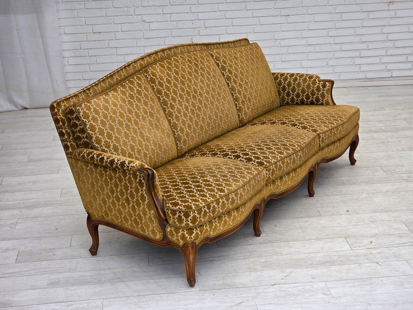 1950s, Danish 3-seater sofa, furniture velour, carved ash wood.