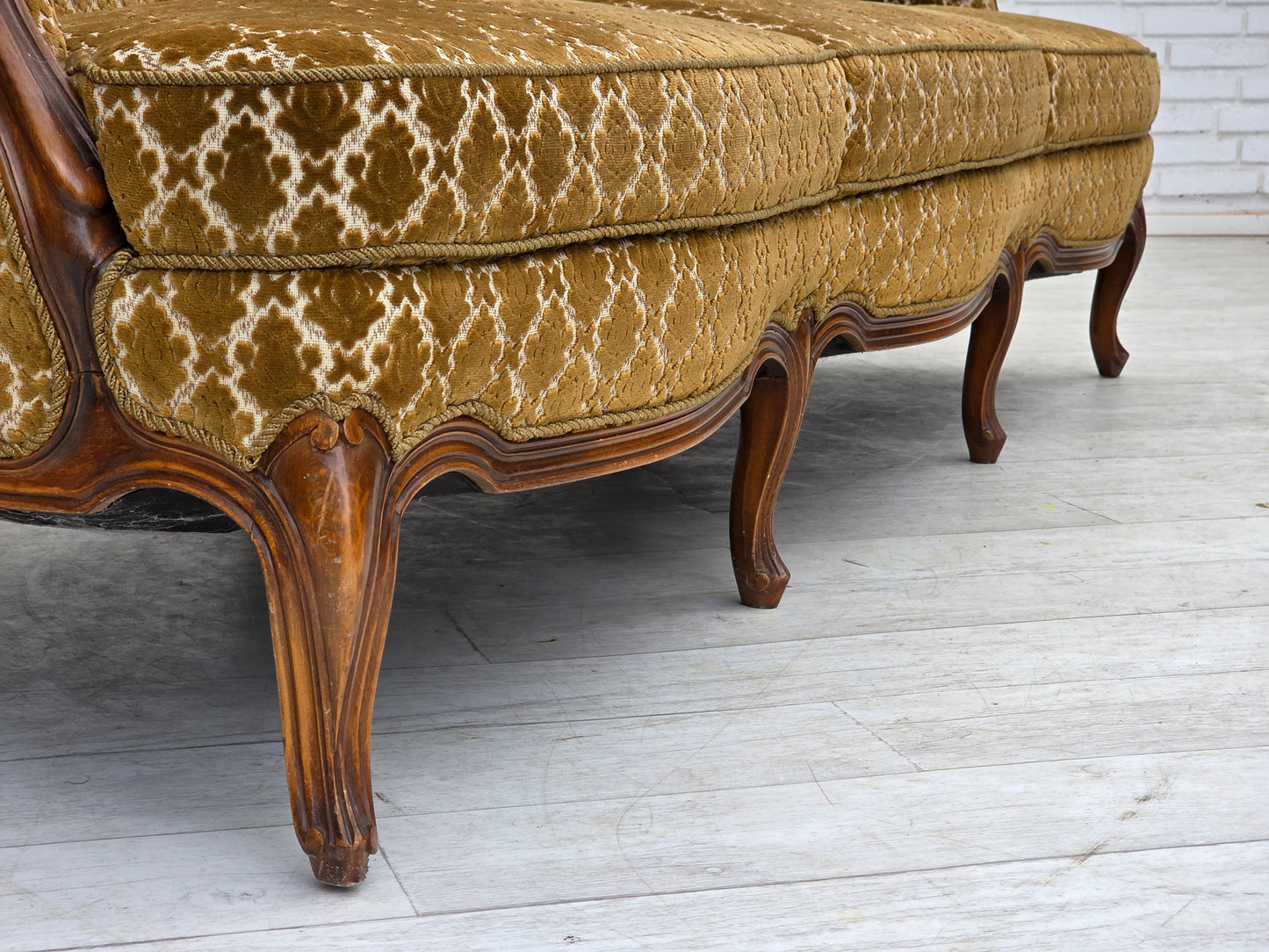 1950s, Danish 3-seater sofa, furniture velour, carved ash wood.