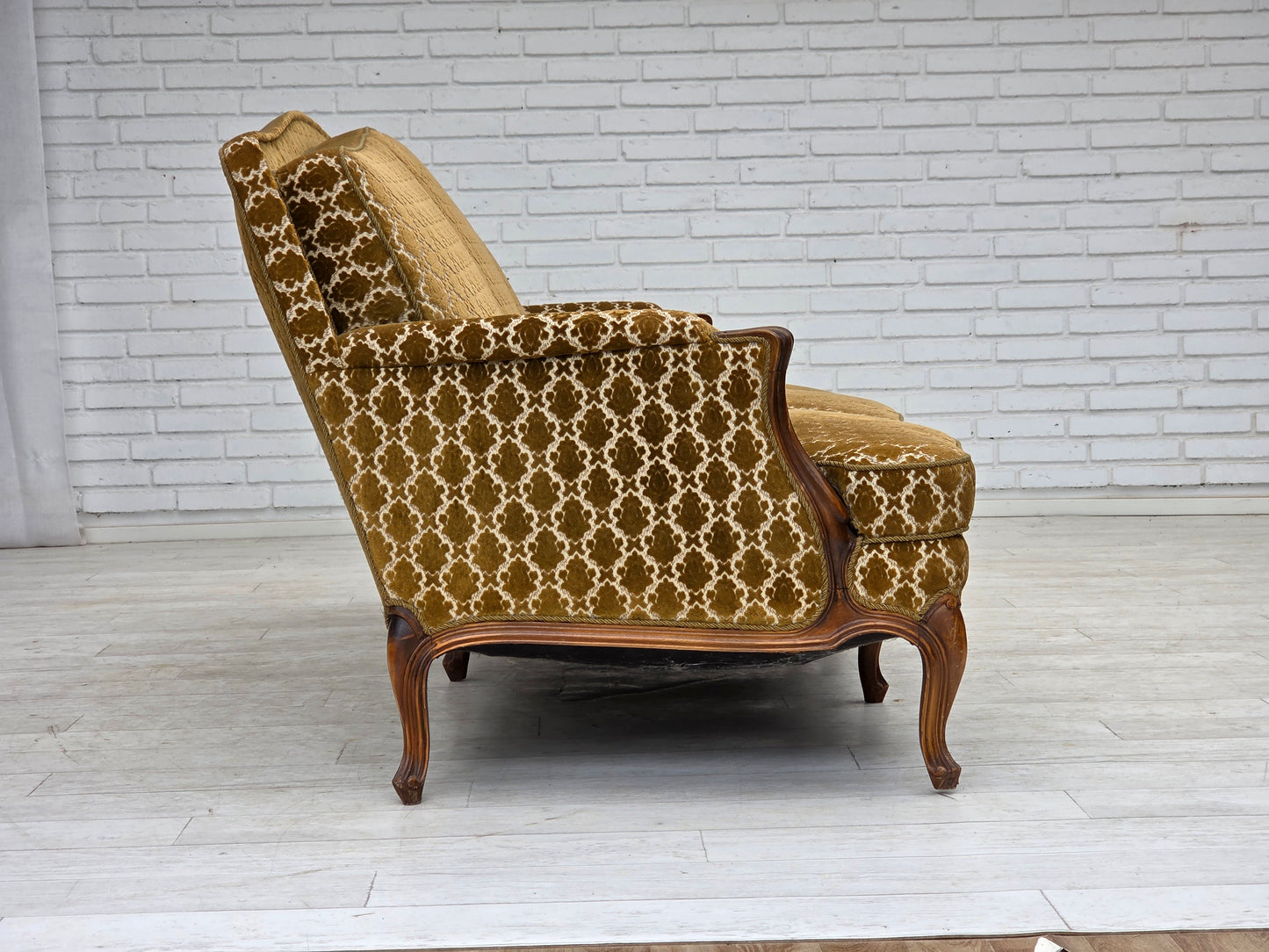 1950s, Danish 3-seater sofa, furniture velour, carved ash wood.