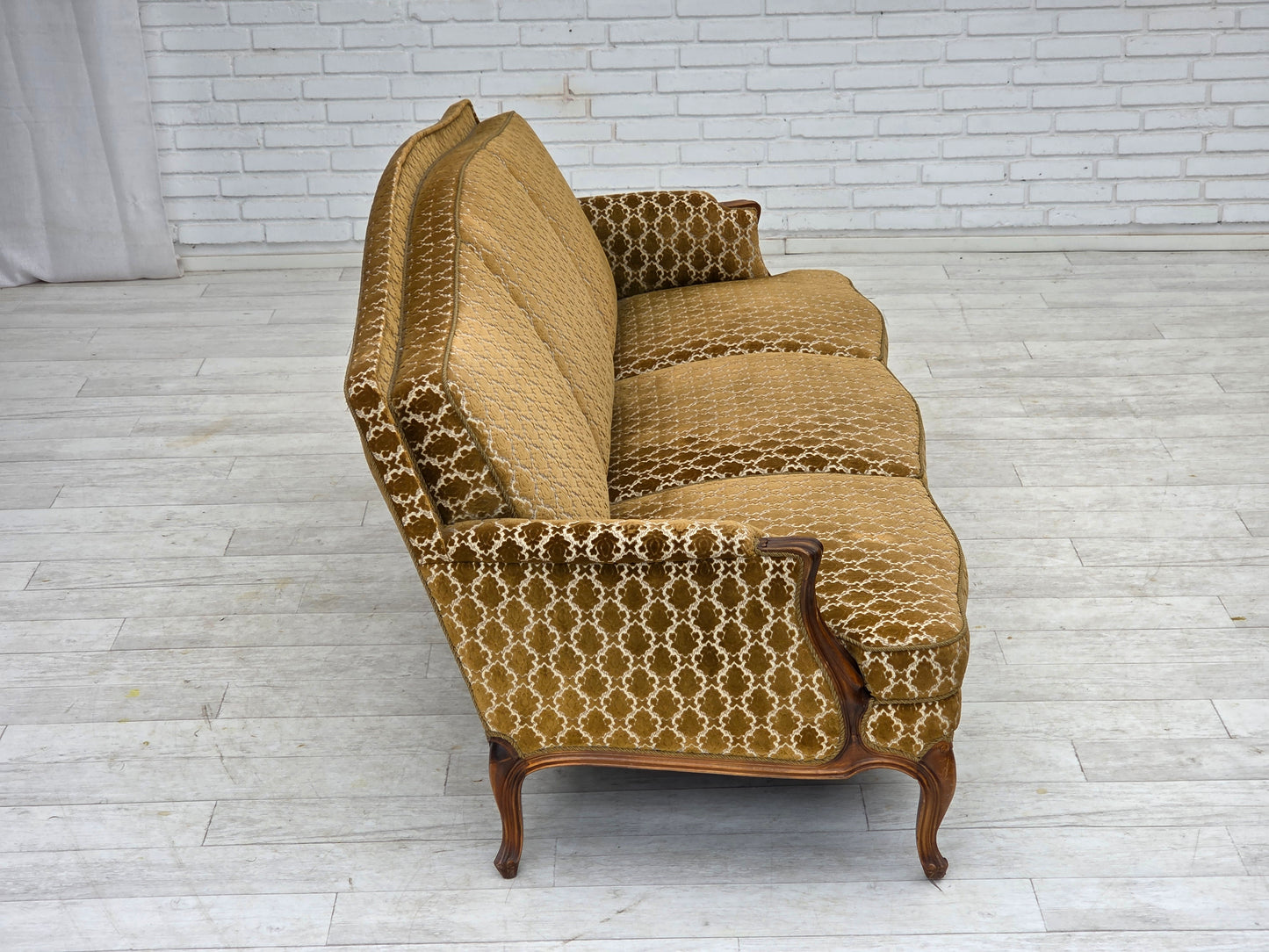 1950s, Danish 3-seater sofa, furniture velour, carved ash wood.