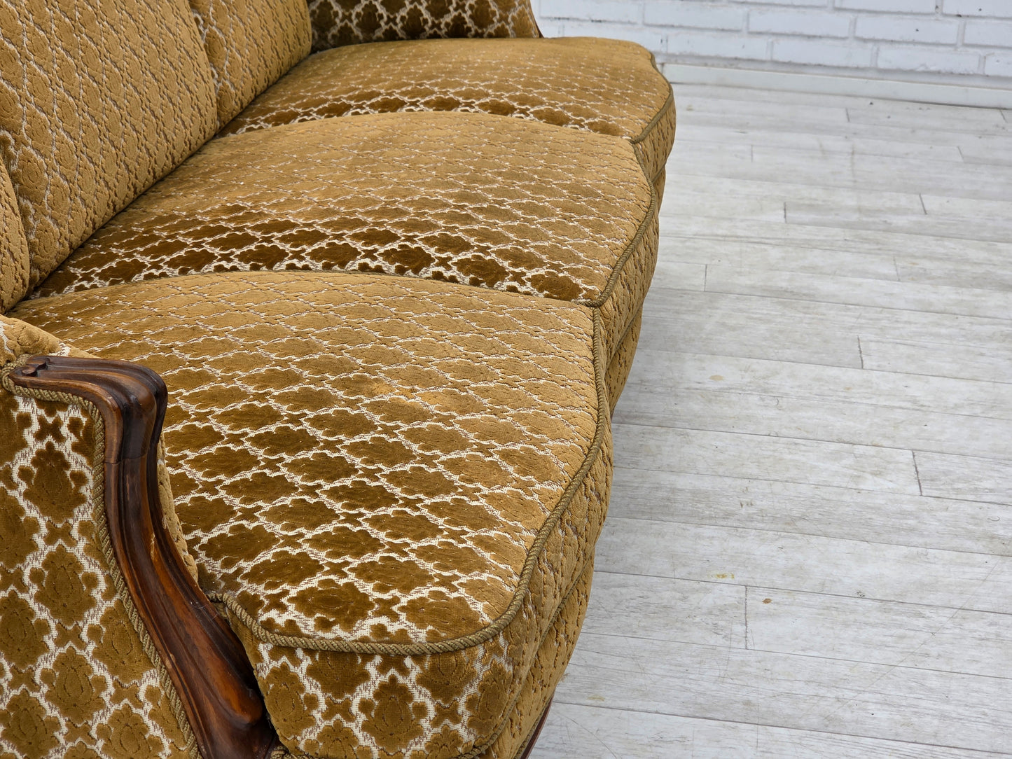 1950s, Danish 3-seater sofa, furniture velour, carved ash wood.