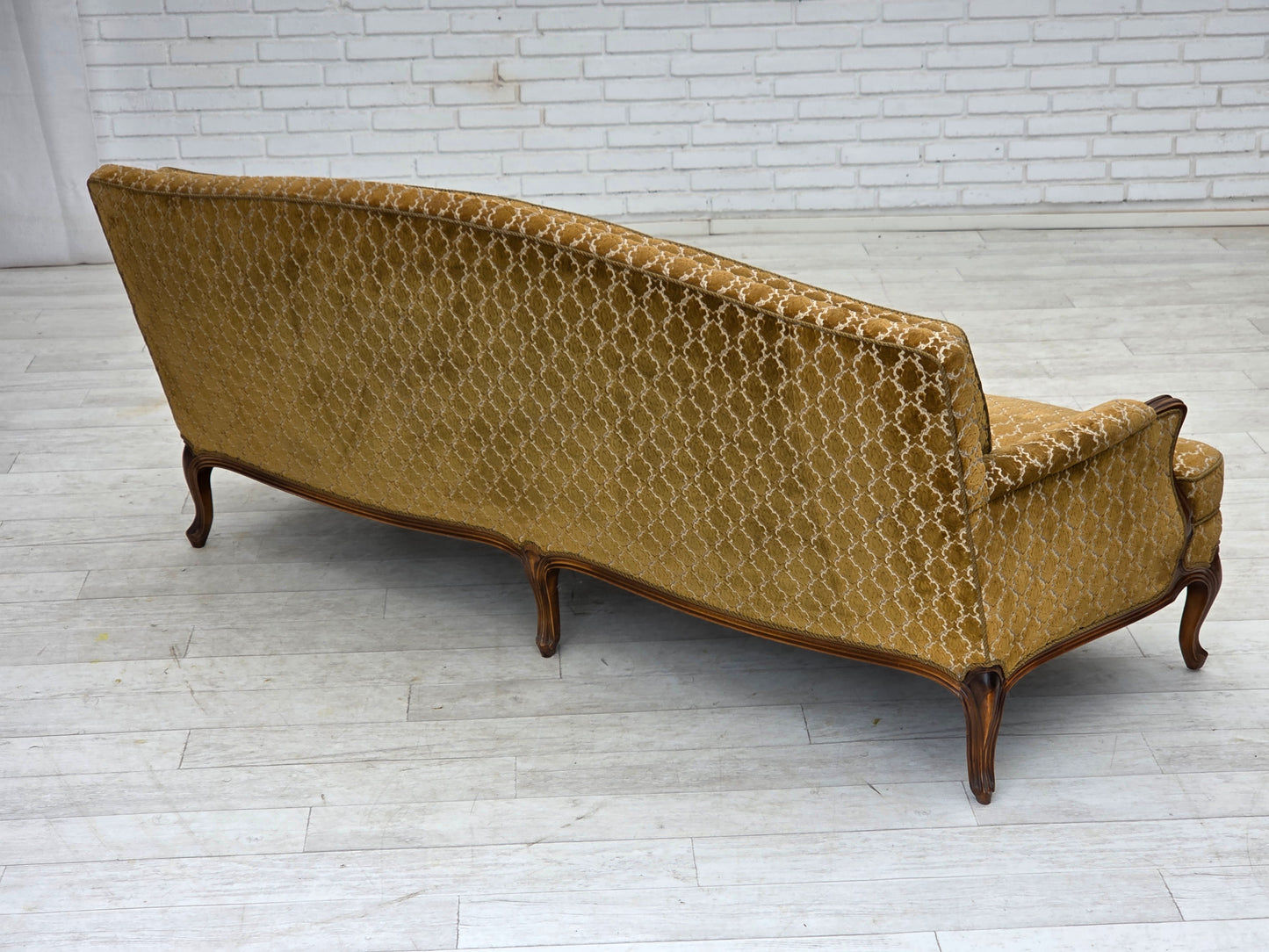 1950s, Danish 3-seater sofa, furniture velour, carved ash wood.