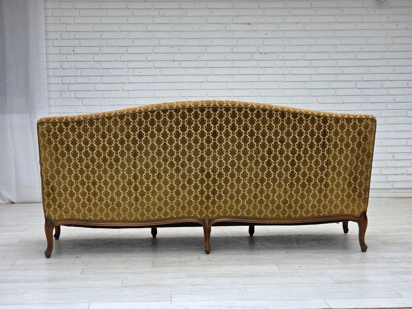 1950s, Danish 3-seater sofa, furniture velour, carved ash wood.