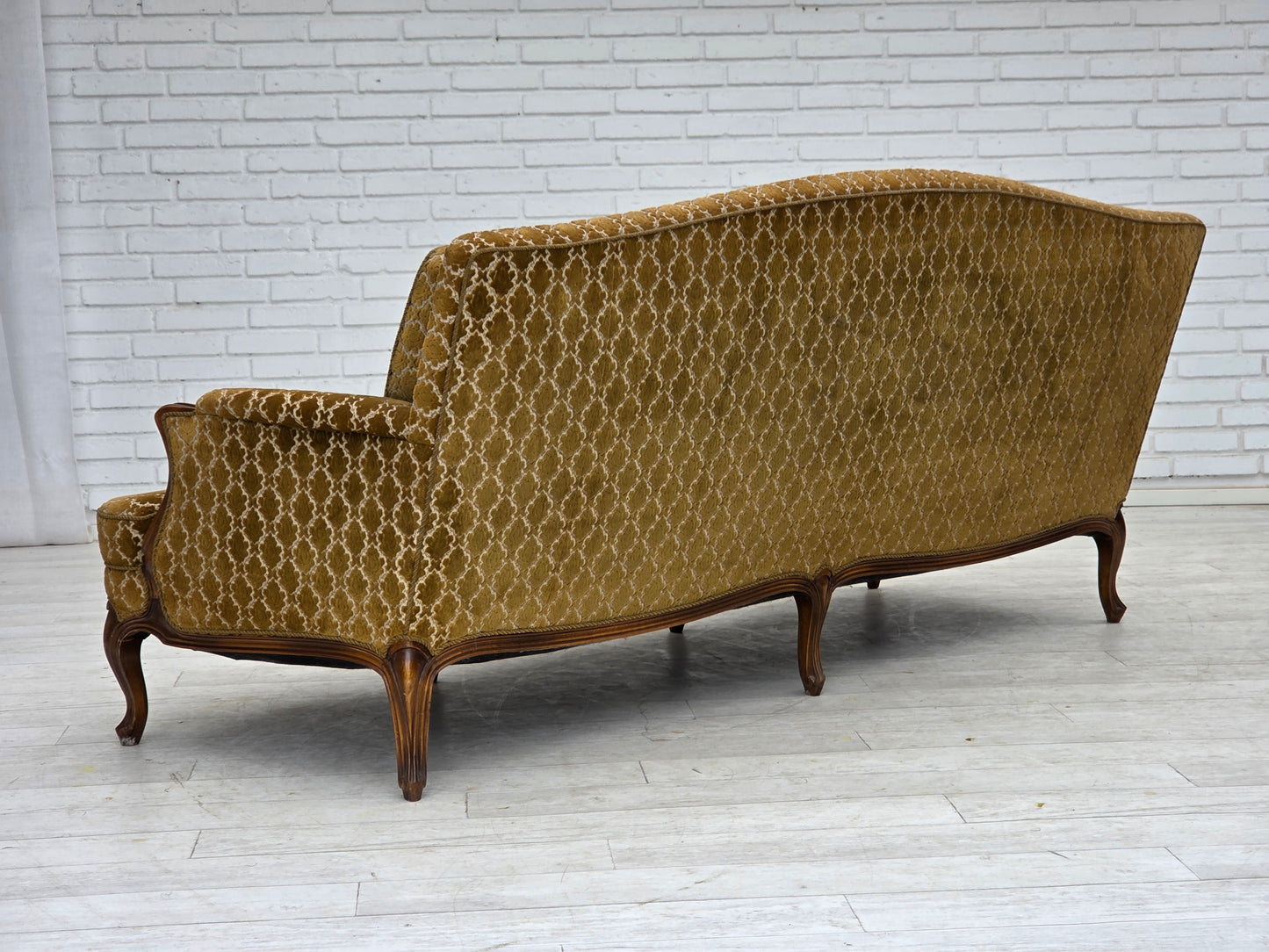1950s, Danish 3-seater sofa, furniture velour, carved ash wood.