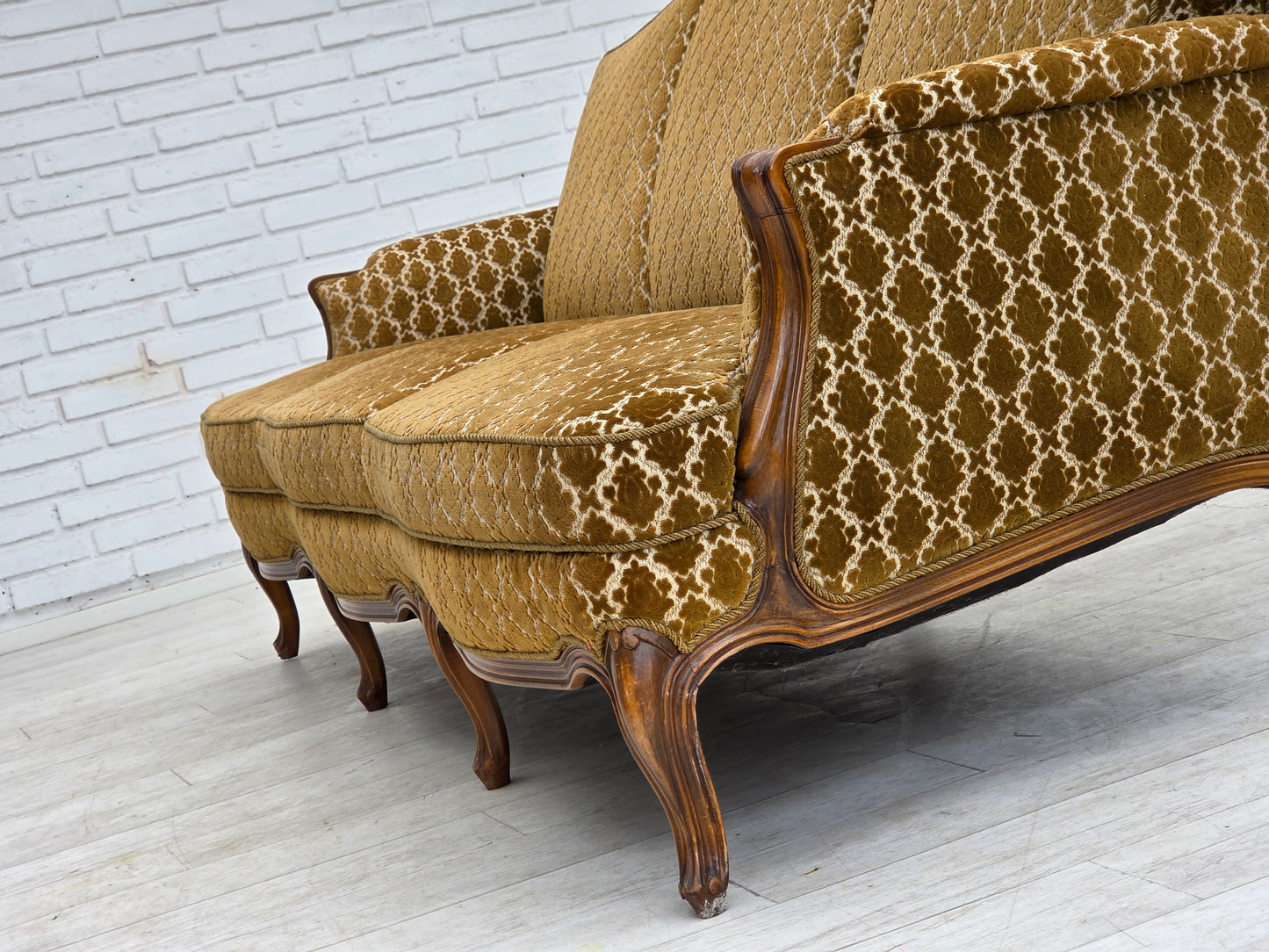 1950s, Danish 3-seater sofa, furniture velour, carved ash wood.