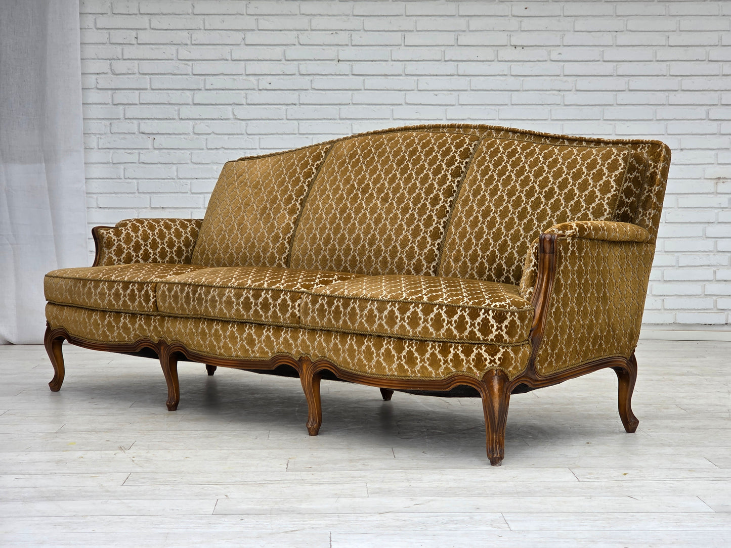 1950s, Danish 3-seater sofa, furniture velour, carved ash wood.