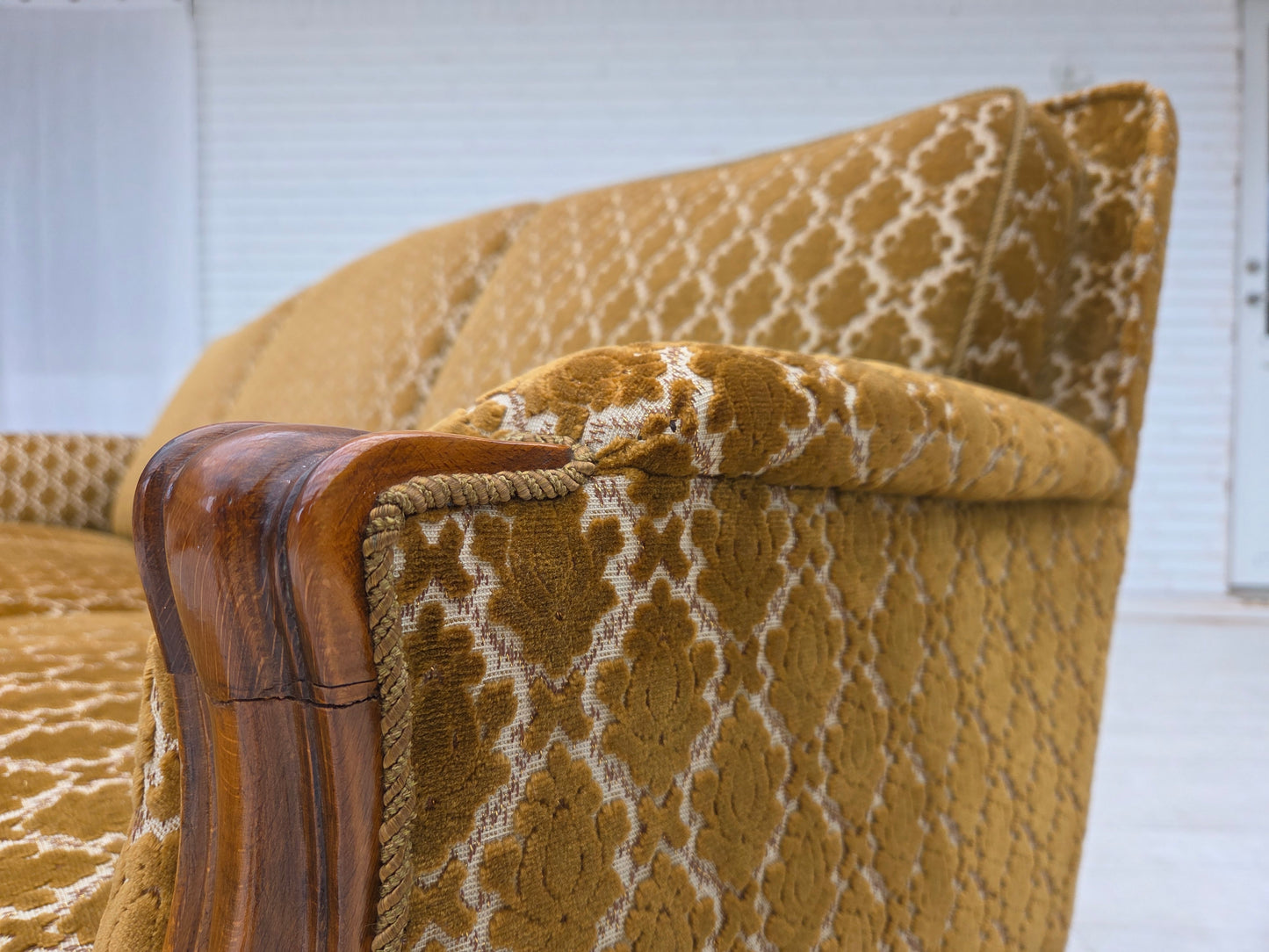 1950s, Danish 3-seater sofa, furniture velour, carved ash wood.