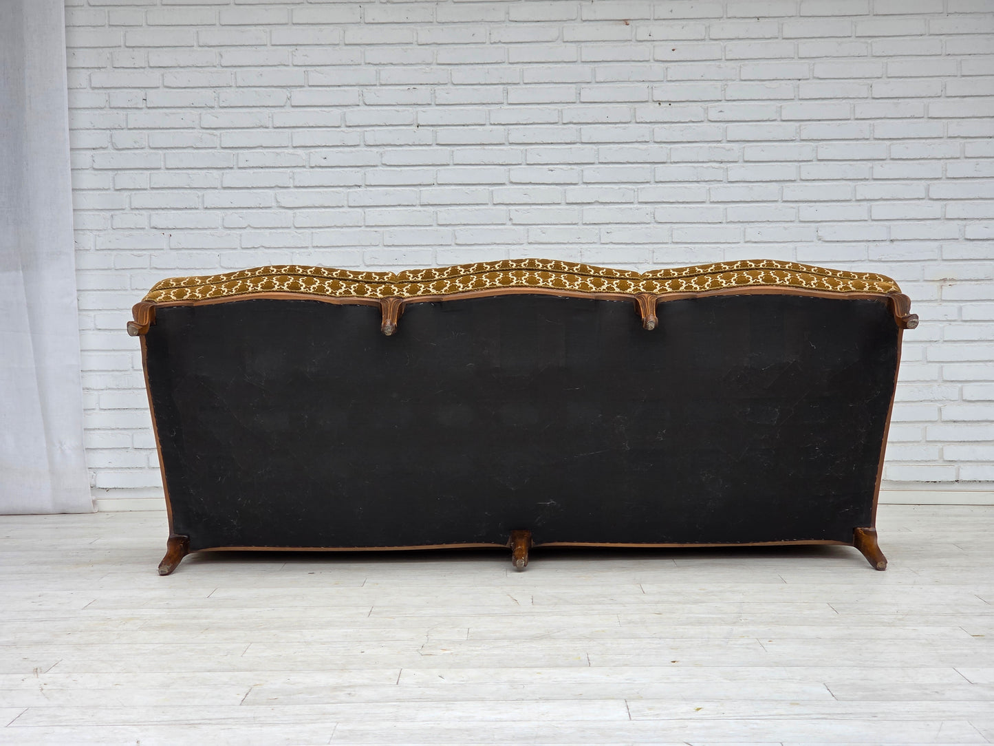 1950s, Danish 3-seater sofa, furniture velour, carved ash wood.