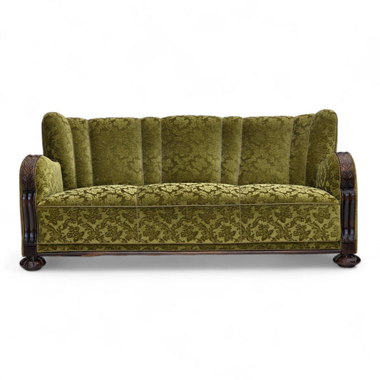 1960s, Danish 3-seater sofa, furniture velour, carved oak wood.