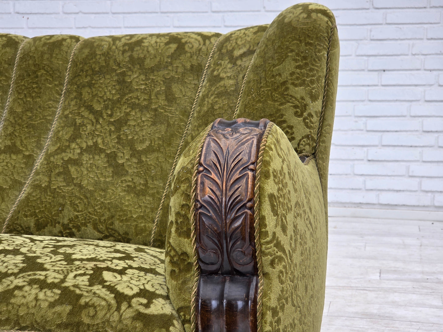 1960s, Danish 3-seater sofa, furniture velour, carved oak wood.