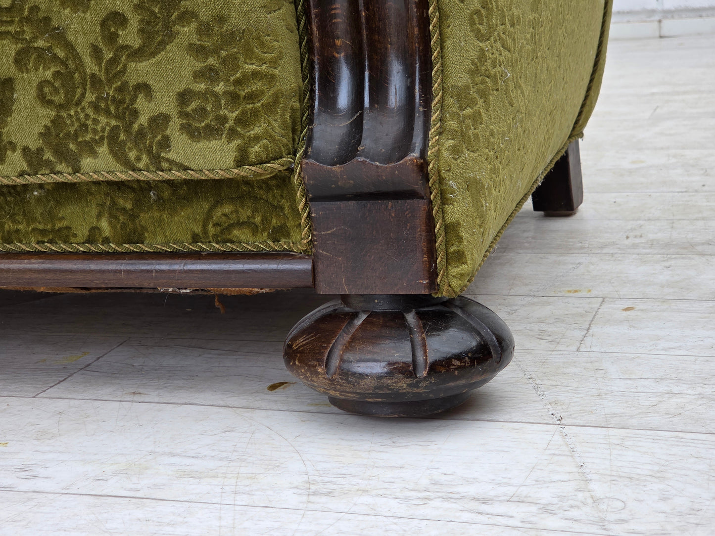 1960s, Danish 3-seater sofa, furniture velour, carved oak wood.