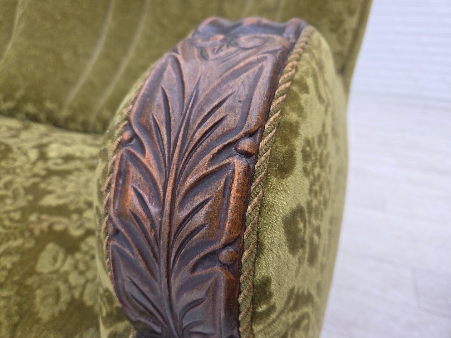 1960s, Danish 3-seater sofa, furniture velour, carved oak wood.