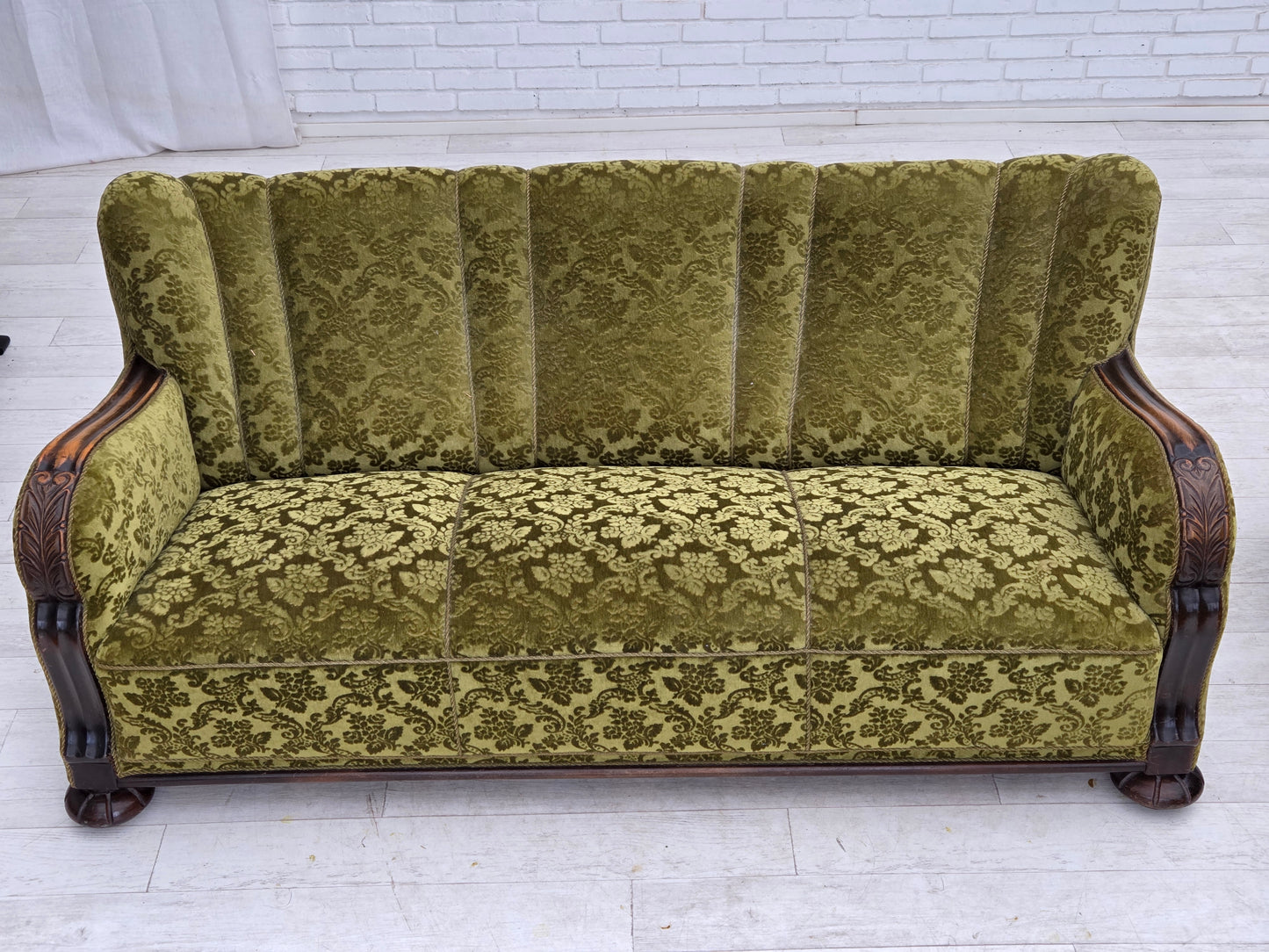 1960s, Danish 3-seater sofa, furniture velour, carved oak wood.