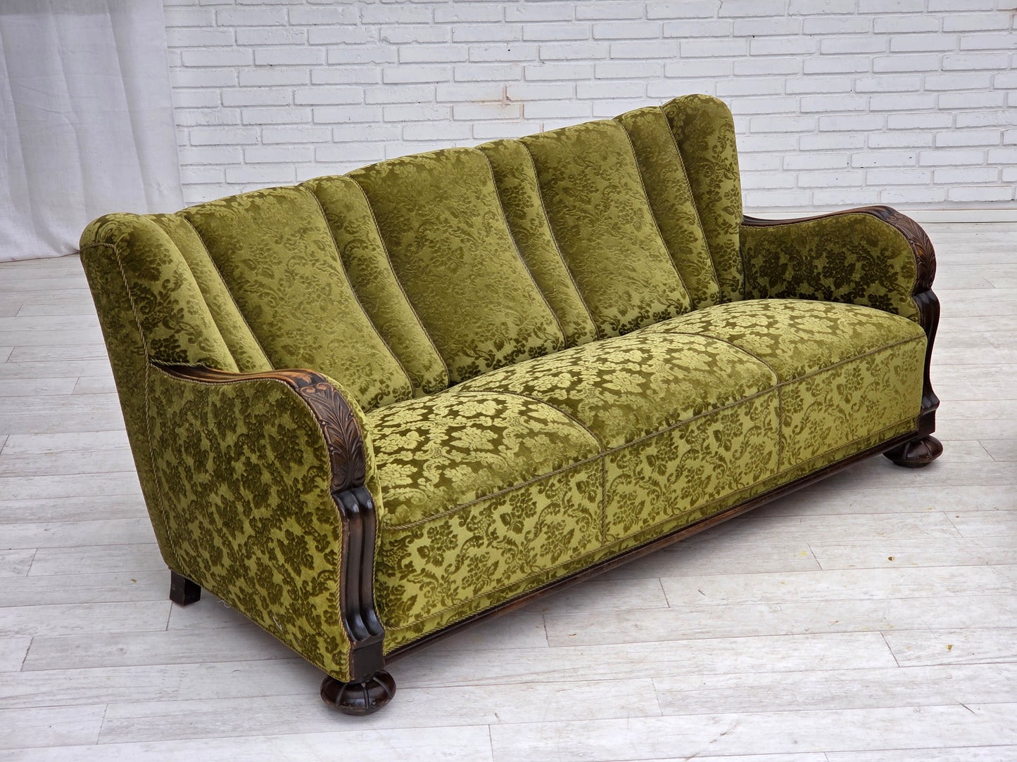 1960s, Danish 3-seater sofa, furniture velour, carved oak wood.