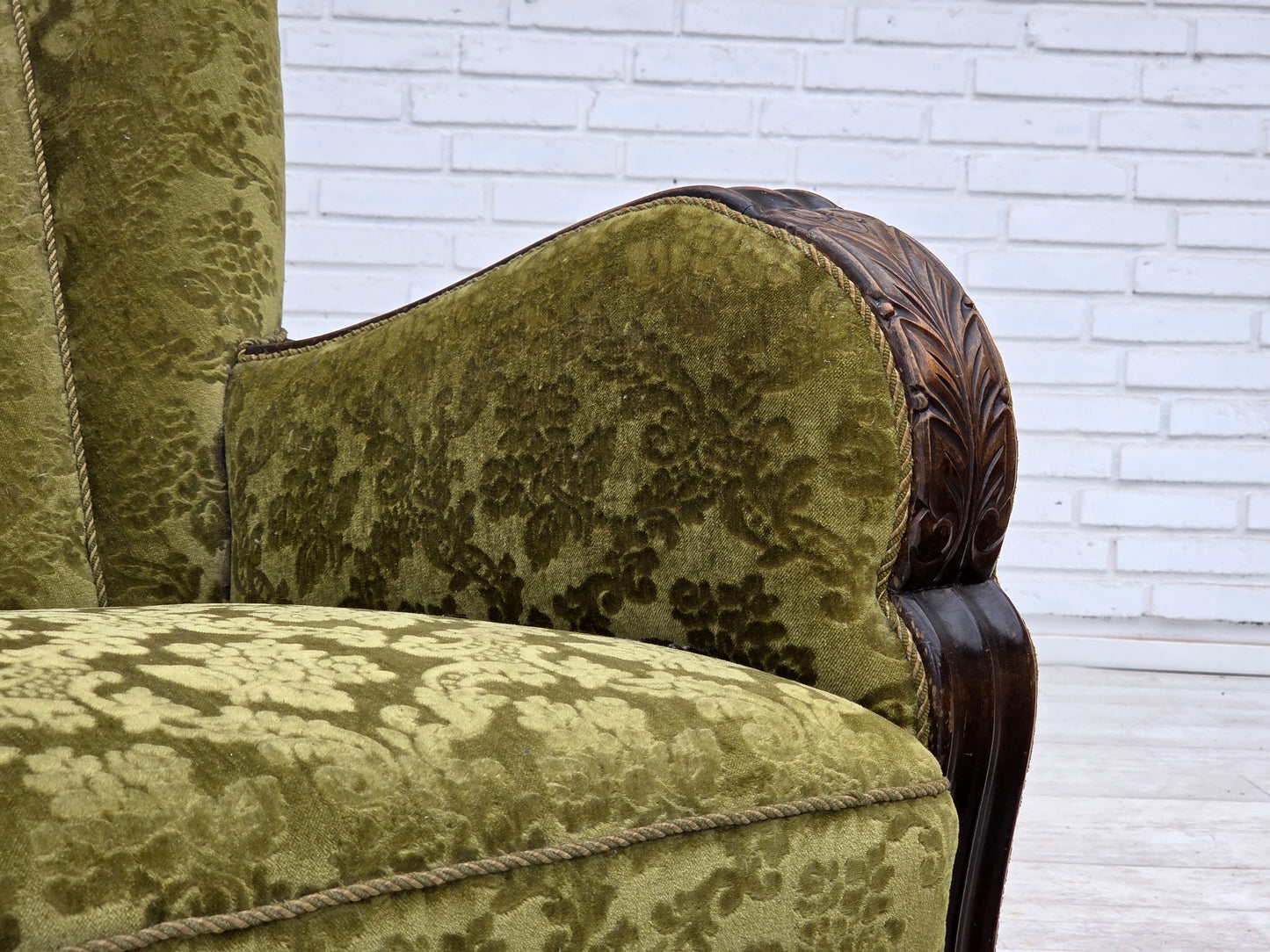 1960s, Danish 3-seater sofa, furniture velour, carved oak wood.
