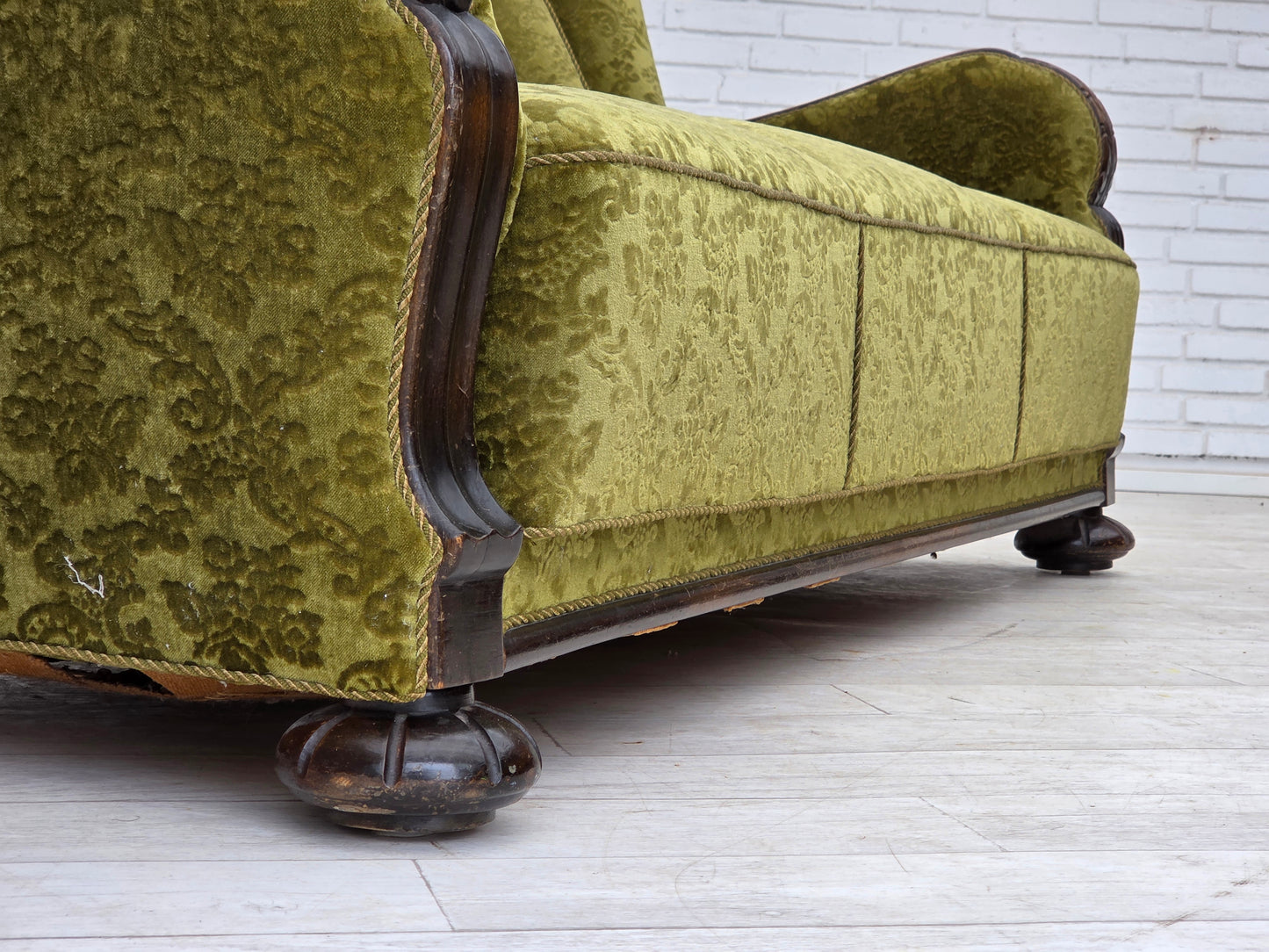 1960s, Danish 3-seater sofa, furniture velour, carved oak wood.